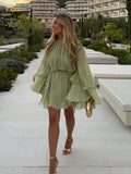 Chiffon Pleated Mini Dress in Olive for Women Summer Outings
