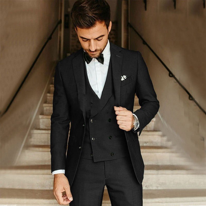 Men Three-Piece Suit Peak Lapel Six-Button Vest Blazer Pants