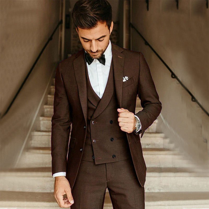 Men Three-Piece Suit Peak Lapel Six-Button Vest Blazer Pants