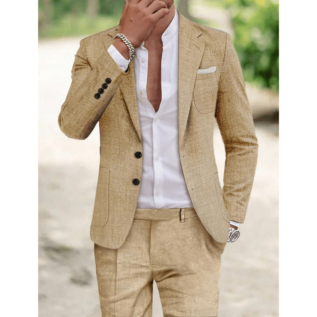 Men Two-Piece Suit Set Notch Lapel Textured Slim Fit