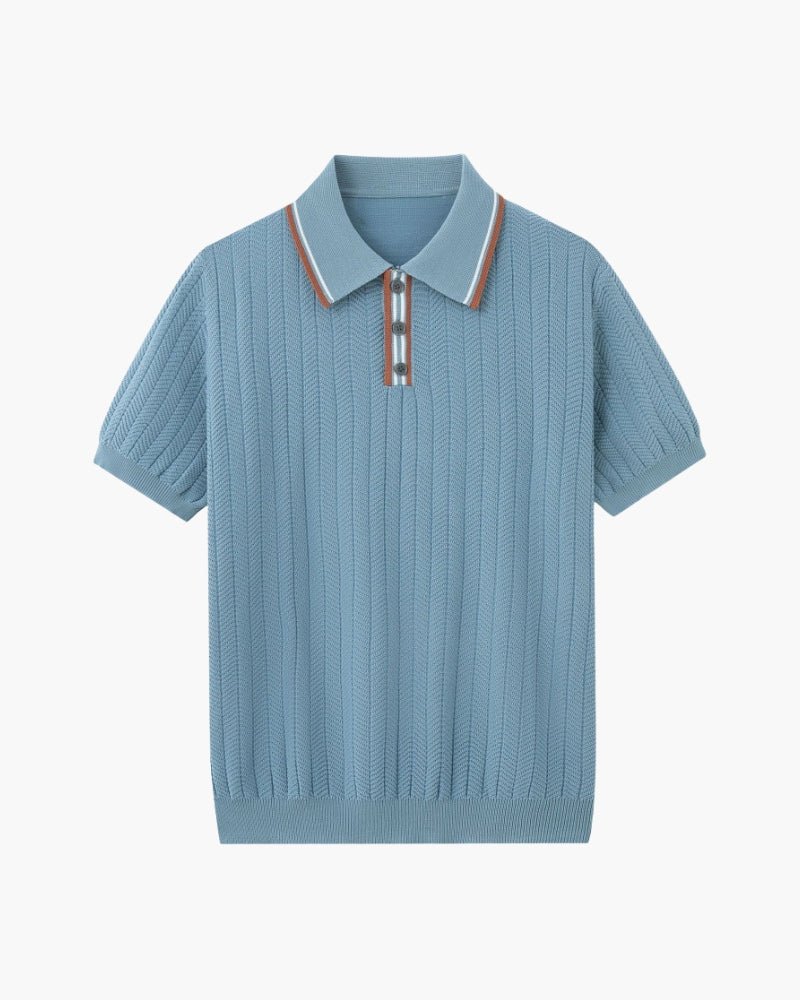 Contrast Collar Polo Shirt Men Knit Herringbone Short Sleeve
