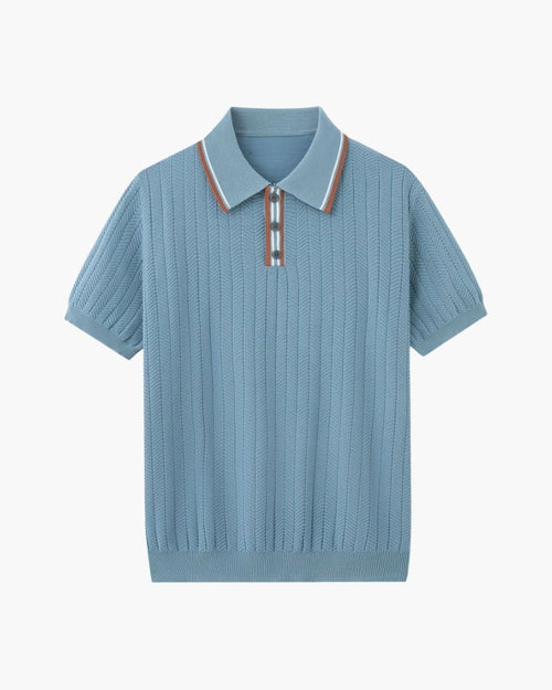 Contrast Collar Polo Shirt Men Knit Herringbone Short Sleeve