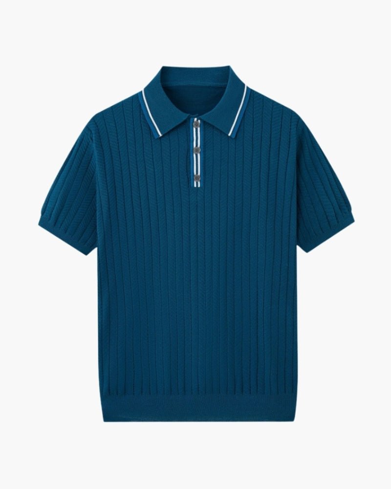Contrast Collar Polo Shirt Men Knit Herringbone Short Sleeve