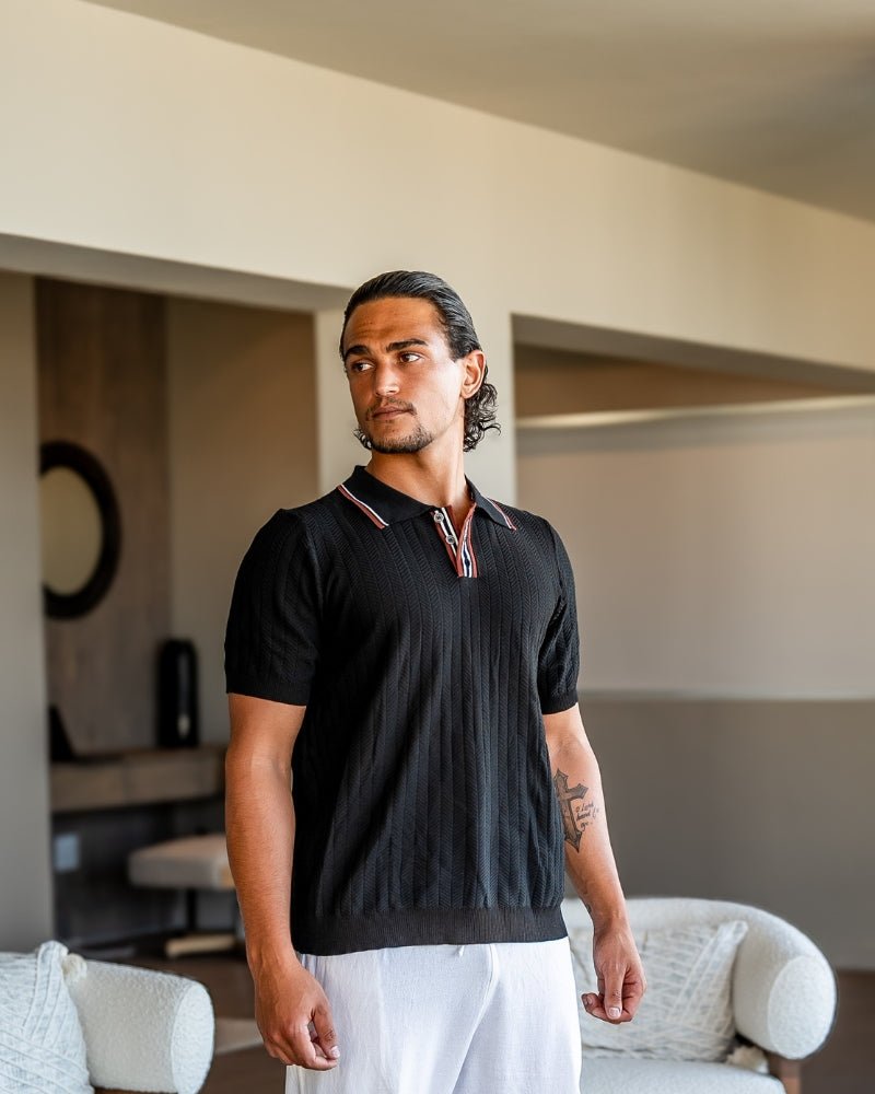 Contrast Collar Polo Shirt Men Knit Herringbone Short Sleeve