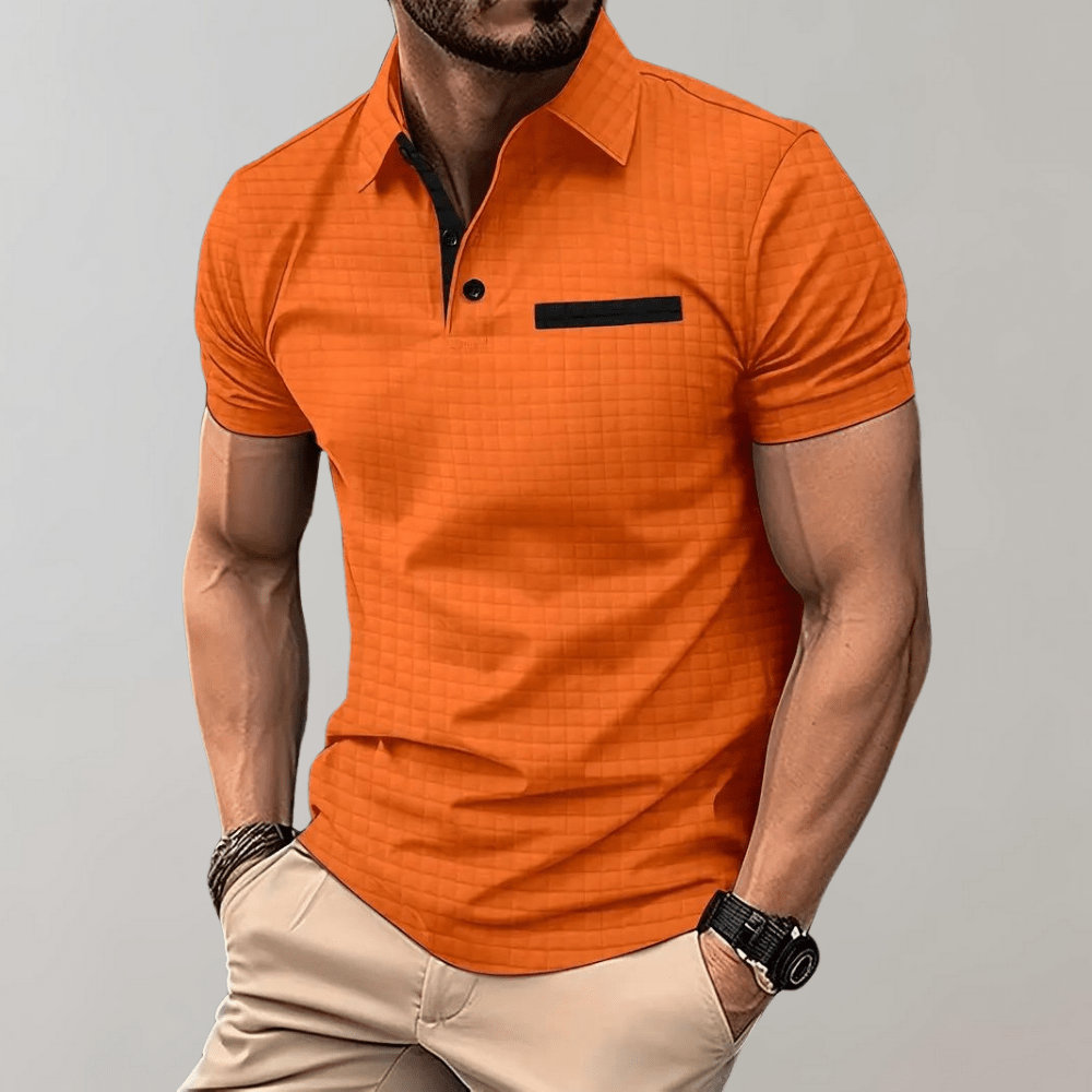 Waffle Knit Polo Shirt Men Contrast Trim Chest Pocket Short Sleeve