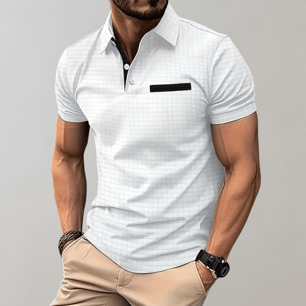 Waffle Knit Polo Shirt Men Contrast Trim Chest Pocket Short Sleeve