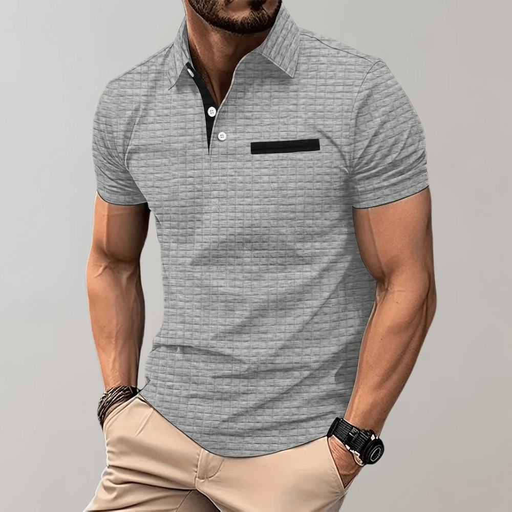 Waffle Knit Polo Shirt Men Contrast Trim Chest Pocket Short Sleeve