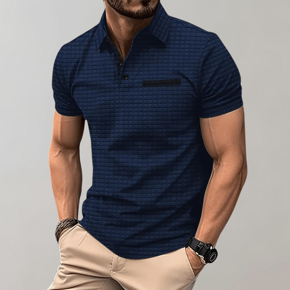 Waffle Knit Polo Shirt Men Contrast Trim Chest Pocket Short Sleeve