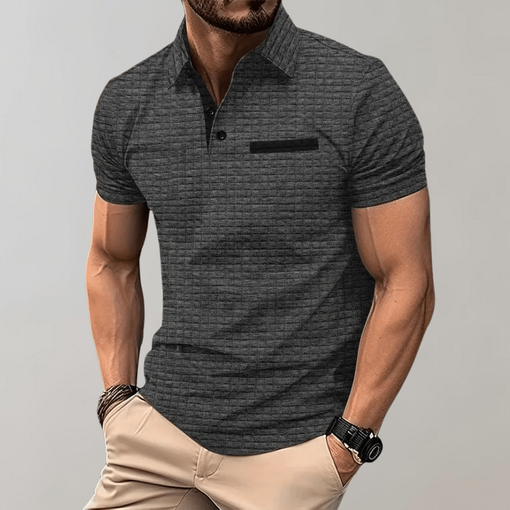 Waffle Knit Polo Shirt Men Contrast Trim Chest Pocket Short Sleeve