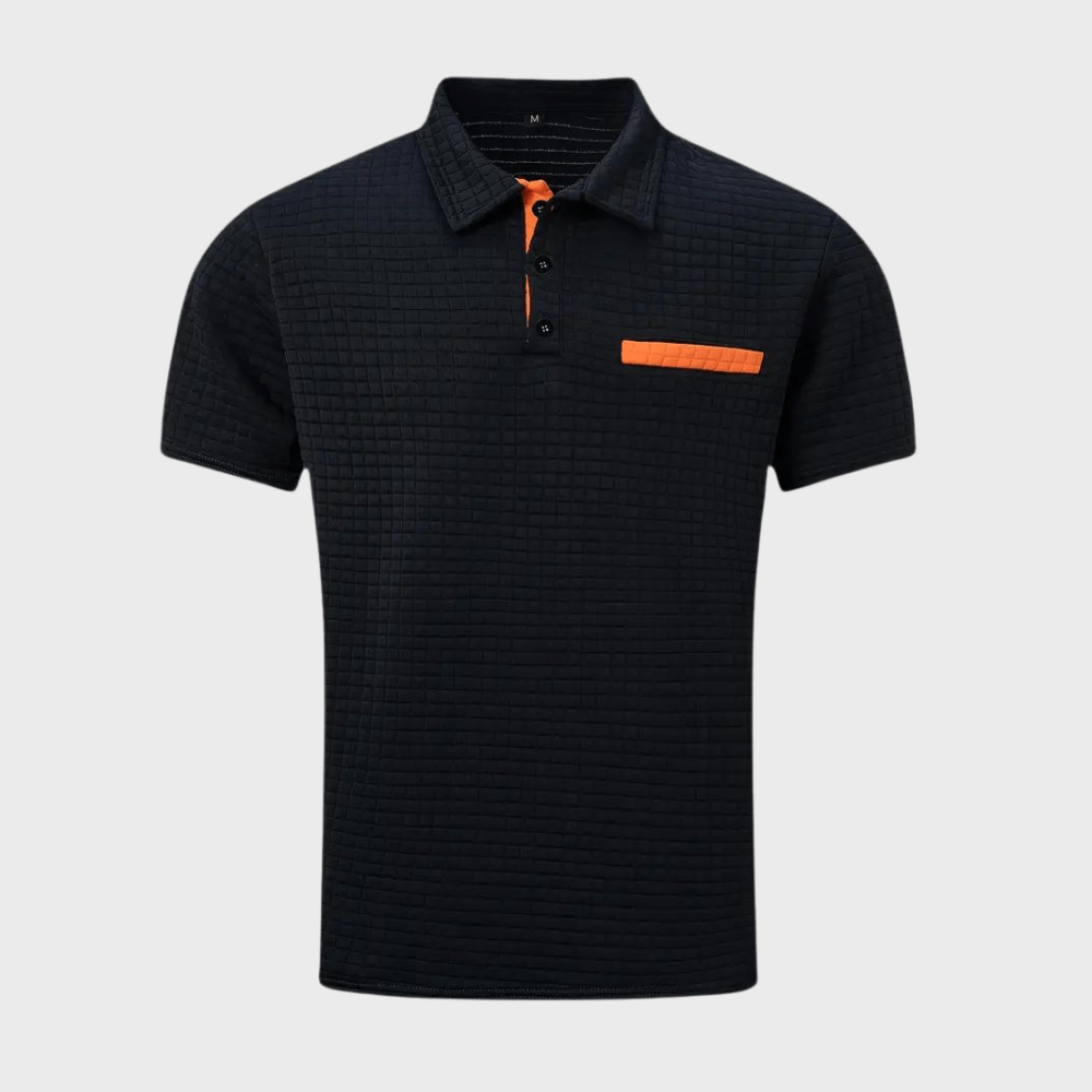Waffle Knit Polo Shirt Men Contrast Trim Chest Pocket Short Sleeve