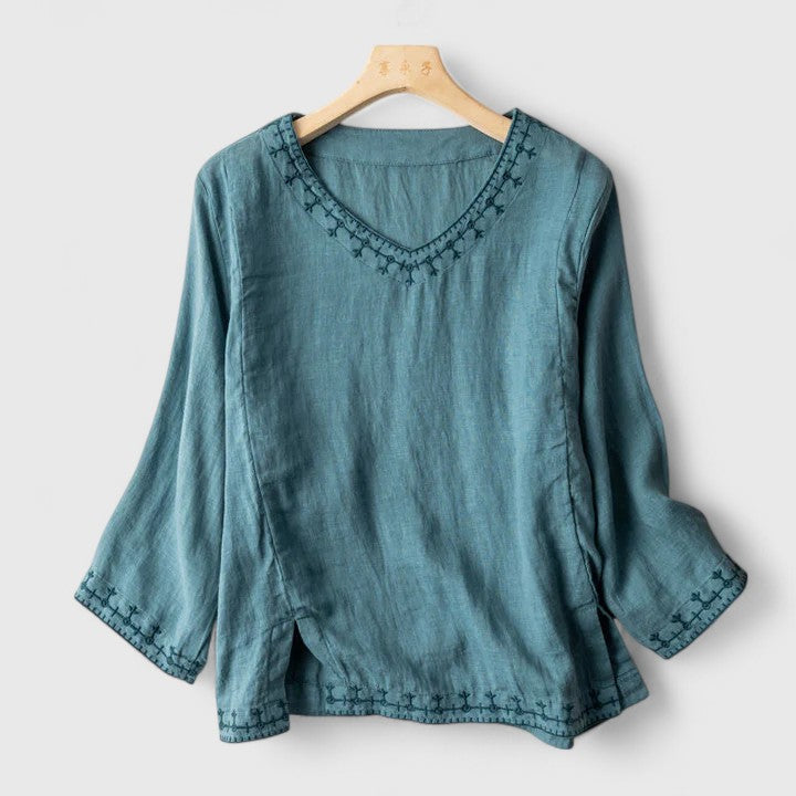 Butter Yellow Linen Blouse with Shawl Collar for Women