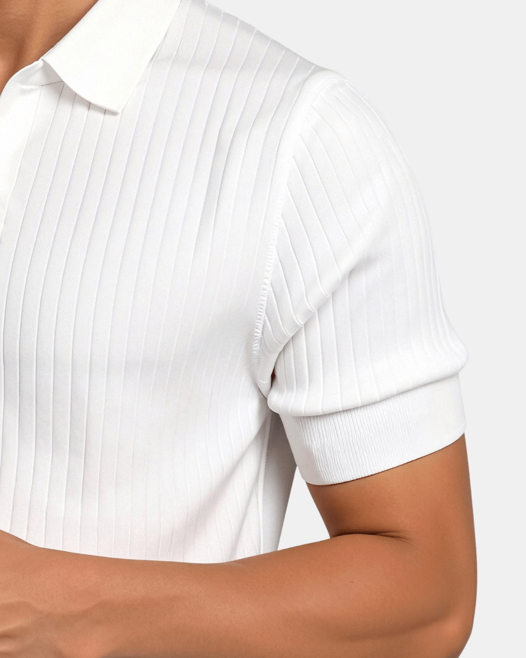 Ribbed Knit Polo Shirt Men Open Placket Short Sleeve Slim Fit