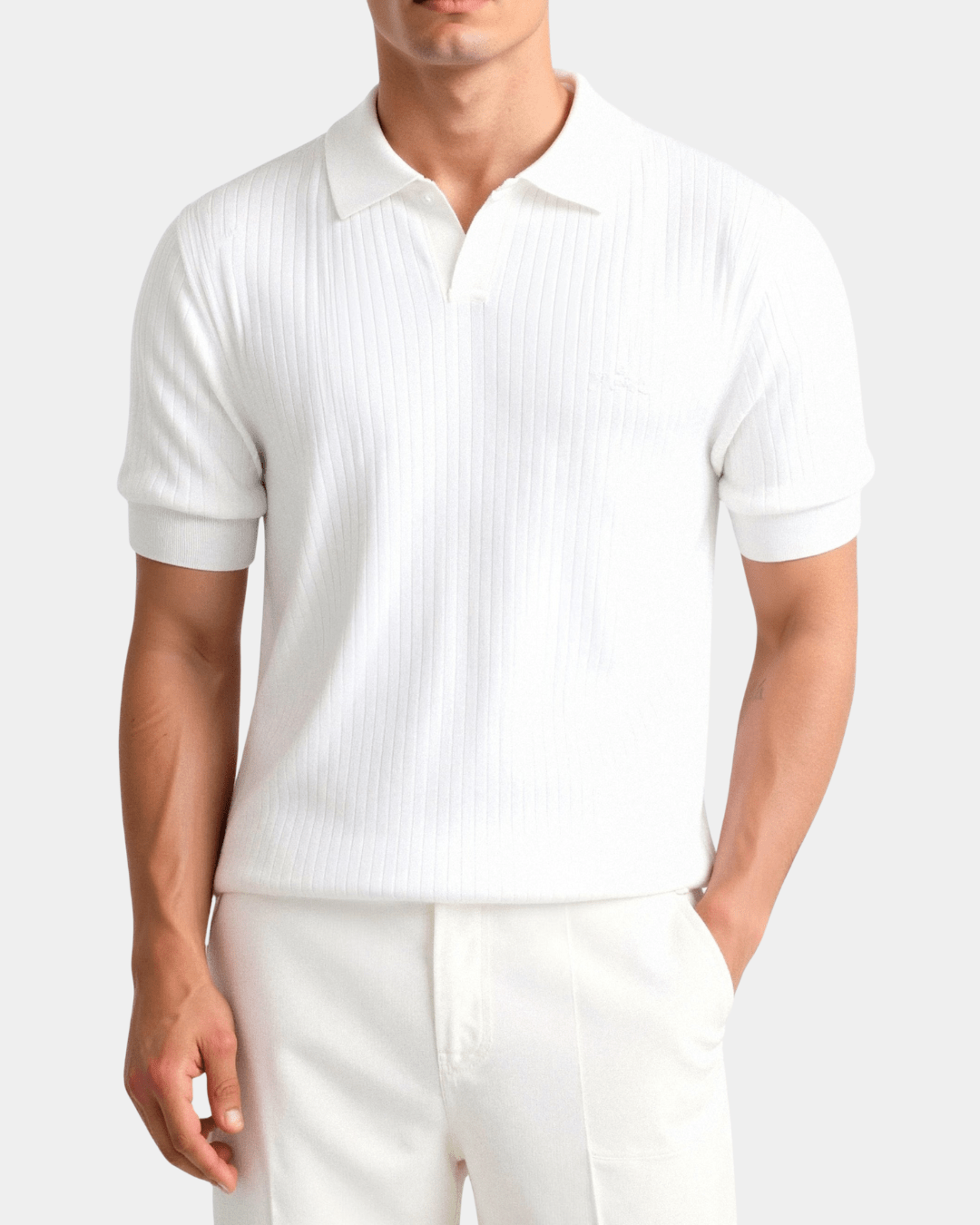 Ribbed Knit Polo Shirt Men Open Placket Short Sleeve Slim Fit