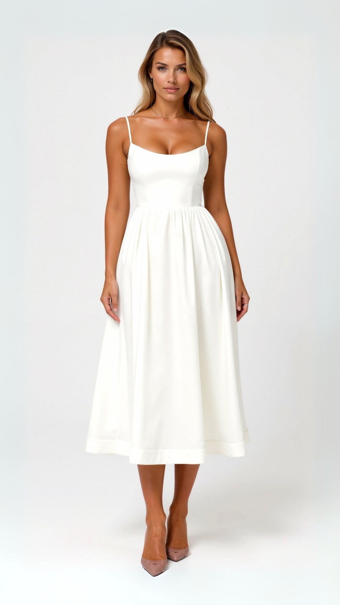 Sleeveless Midi Dress Women Scoop Neck Gathered A-Line Skirt