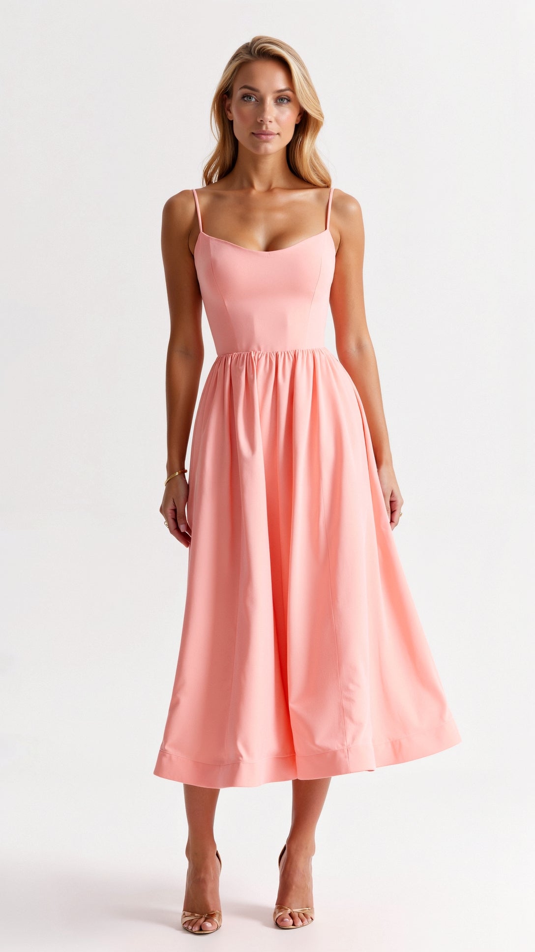 Sleeveless Midi Dress Women Scoop Neck Gathered A-Line Skirt