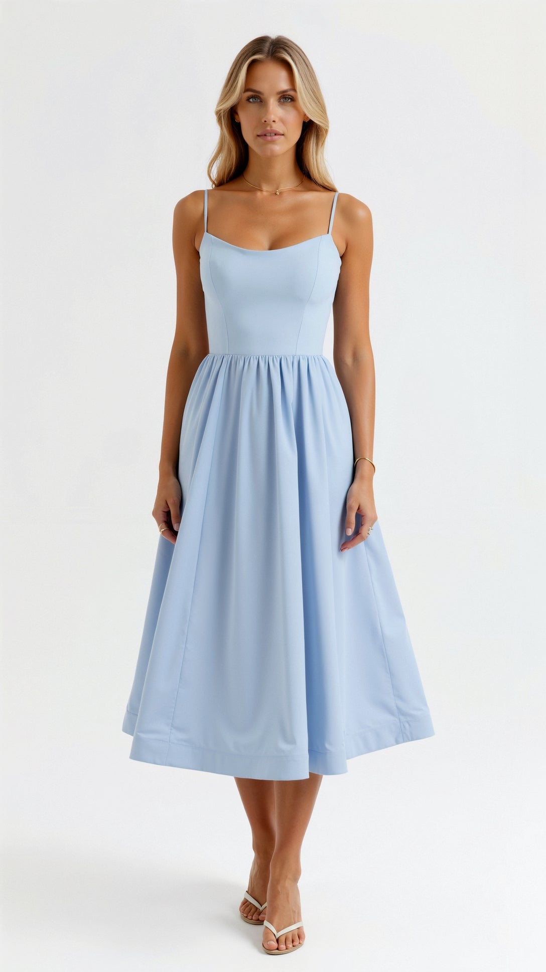Sleeveless Midi Dress Women Scoop Neck Gathered A-Line Skirt