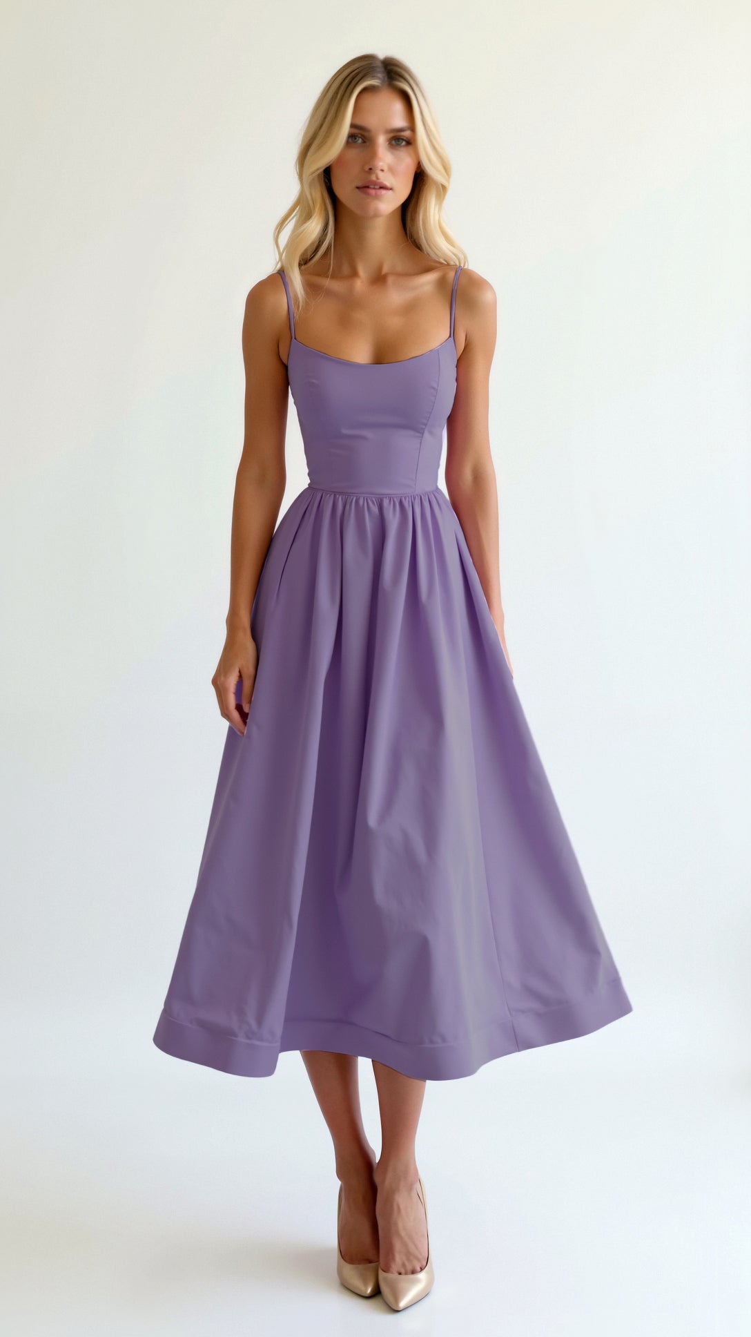 Sleeveless Midi Dress Women Scoop Neck Gathered A-Line Skirt