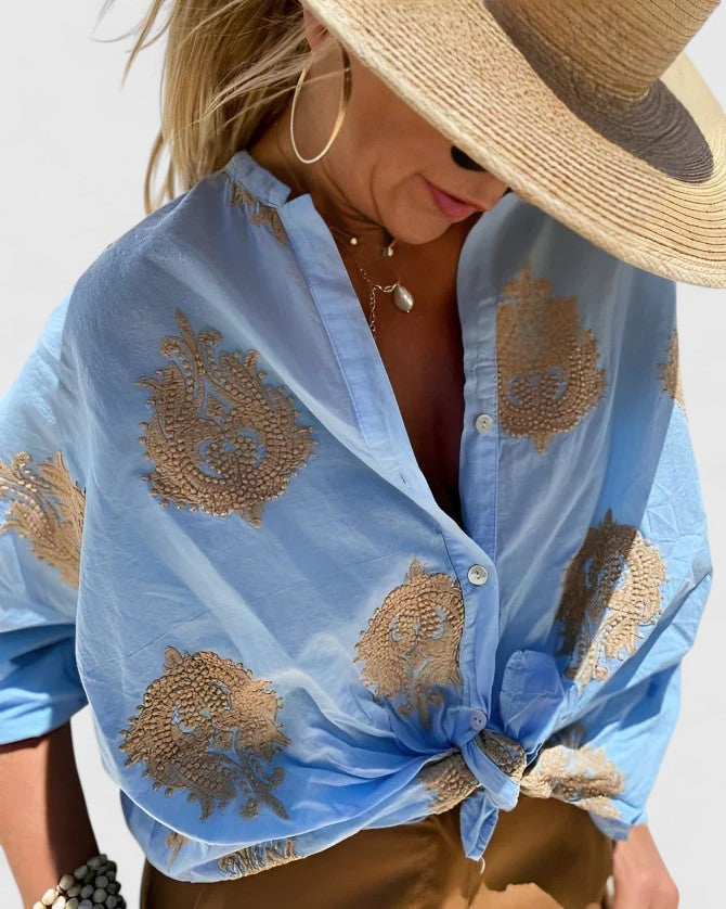 Sage Green Botanical Print Button-Down Blouse for Women