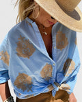 Sage Green Botanical Print Button-Down Blouse for Women